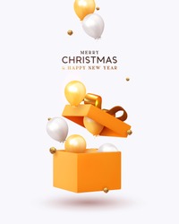 Merry Christmas and Happy New Year. Xmas design realistic gifts box, falling helium balloons, 3d golden chocolate candies. Holiday gift background. Poster, banner, brochure, flyer. vector illustration