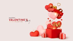 Valentine's day design. Realistic red gifts boxes. Open gift box full of decorative festive object. Holiday banner, web poster, flyer, stylish brochure, greeting card, cover. Romantic background