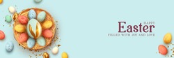 Festive Easter horizontal banner, template header for website. Realistic 3d design elements. Spring holiday. Easter eggs in basket. View from above. Blue background. Vector illustration