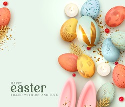 Happy Easter day. Festive background design with realistic colorful eggs, ears bunny. Gold glitter confetti. Holiday banner, web poster, flyer, stylish brochure, blue greeting card Vector illustration