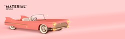 Retro convertible car pink color. Vintage Luxury stylish car with an open top. Horizontal banner, template header for website. Minimal poster. Realistic 3d design of the object. Vector illustration