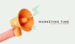 Hand hold megaphone. Marketing time concept, realistic 3d megaphone, loudspeaker with lightning. Symbols Speaker, Social media, Advertising and promotion. Vector illustration
