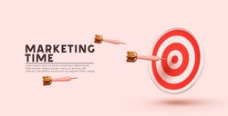 Marketing time concept. Targeting the business. Realistic 3d design red target and arrows. Game of darts. Vector illustration