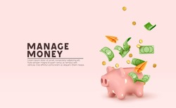 Money Piggy bank creative business concept. Realistic 3d design. Pink pig keeps gold coins. Safe finance investment. Financial services. Landing page template mockup for website. Vector illustration