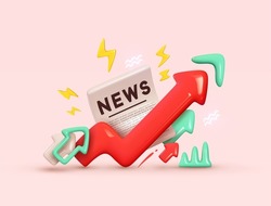 Financial news. Trading stock news impulses. Market movements creative concept charts up, infographics. Realistic 3d design. Growth World economy. Icon Red curve arrow of trend. Vector illustration