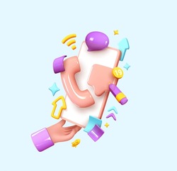 Social media creative idea 3d concept with realistic design. Online social network. Business communication applications. Marketing time. In hand Mobile phone with volumetric icons. Vector illustration