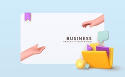 Business affairs, conclusion of deal and contract. Big Folder, document, file, hands realistic 3d icon. Concluding handshake. Landing page for website. Concept creative idea. Vector illustration.