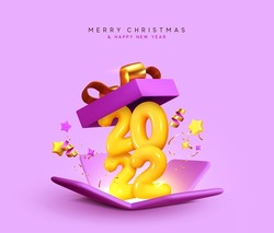 Happy New Year Yellow number sign 2022. Merry Christmas Background realistic 3d festive open gifts box. Xmas sale present. Holiday decorative purple boxes, Holiday gift surprise. Vector illustration