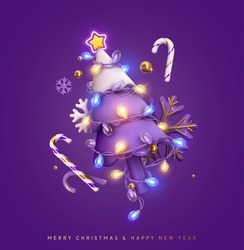 Christmas sparkling bright tree. Merry Christmas and Happy new year. Realistic 3d design of objects, light garlands, snowflake, candy cane, purple colors compositions. Vector illustration