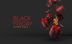 Black Friday Sale. Black Gift boxes red bow color falling with percent symbols. Festive advertising background for Christmas and New Year. Holiday banner, web poster. Realistic 3d Vector illustration