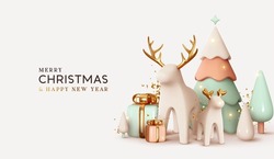Christmas winter festive composition. Colorful Xmas background realistic 3d decorative design objects, big and small deer, gift boxes, snowy trees, gold confetti. Happy New Year. Vector illustration