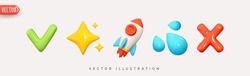 Set of icons realistic 3d render green tick, yellow stars and space rocket, blue water drops and red cross. Pack 5. Vector illustration