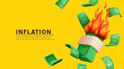 Pile money. Inflation creative concept idea of burning money supply. Realistic 3d design stack and flying dollar paper green bills. Business economics and finance. World crisis. vector illustration