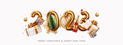 Happy New Year 2023. Golden metal number. Realistic 3d render sign. festive realistic decoration. Celebrate party 2023, Web Poster, banner, cover card, brochure, flyer, layout design. White background