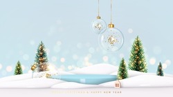 Christmas background with cylindrical podium for promotions. Round stage for presentation sale product. Stage pedestal or platform in snow between Xmas trees, glass balls hanging. Vector illustration