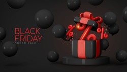 Black friday sale promo background. Realistic 3d design in cartoon style, dark stage podium, round studio for sales. Black open gift box with balloons. Web poster, holiday banner. vector illustration