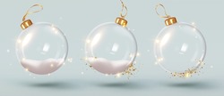 Christmas ornaments ball. Set Transparent glass Christmas balls. Realistic 3d Xmas decoration design. New Year's holiday objects. Vector illustration
