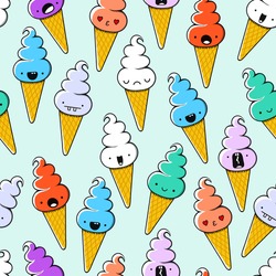 Ice cream cones, pattern seamless, color of different, doodle emotion. Smiling and angry. Love and surprise. Dessert handmade. Sketch