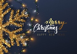 Christmas background with Shining gold Snowflakes. Lettering Merry Christmas card. vector Illustration