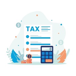Tax day illustration, service tax document with calculator and money coin icon. Flat vector suitable for many purposes.