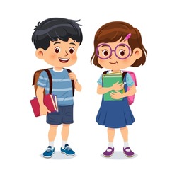 Little school children stand holding books with backpacks. Cartoon characters. Vector illustration. Isolated on white background