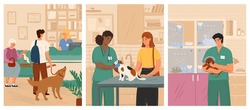 Vet clinic vector illustration set. People with pets visit veterinarian clinic. Veterinary doctor examining dog and cat in vet hospital. Animal medical treatment