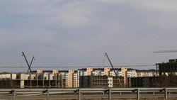 city panorama of a residential area under construction with tower cranes and block buildings, view of the construction of a new district with apartment buildings and build equipment