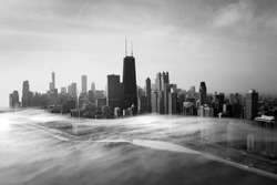 Chicago foggy aerial view black and white