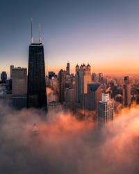 Aerial Fog View of Downtown Chicago at Sunset