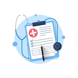 clipboard with stethoscope, medical check form report, health checkup concept metaphor illustration flat design vector eps10. simple and modern style