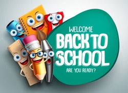 Back to school vector banner design with colorful funny school characters a, education items and space for text in a background. Vector illustration.
