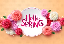 Hello spring flowers vector background. Hello spring greeting text in white space and colorful camellia flowers in orange pattern background. Vector illustration.
