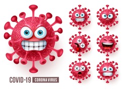 Corona virus emoticons vector set. Covid19 corona virus emoticons or emojis with angry and scary facial expressions in white background. Vector illustration.

