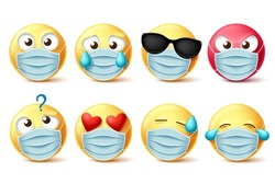Emoticons face mask vector emojis set. Emojis and covid-19 emoticons with face mask and facial expressions isolated in white for covid-19 corona virus design elements. Vector illustration.

