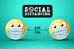 Social Distancing emoji vector sign. Emoji or emoticon with face mask in public social distancing for covid-19 preventive measure. Vector illustration.
