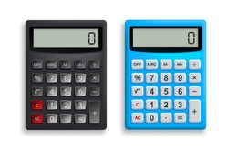 Calculator vector set. Office calculator in black and blue colors with top view 3D realistic look for design elements. Vector illustration.
