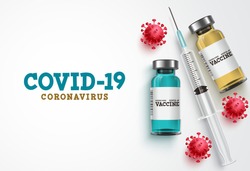 Covid-19 coronavirus vaccine treatment vector background. Covid19 vaccine bottle, syringe injection tool and coronavirus text in white background for corona virus immunization. Vector illustration.
