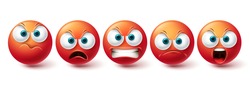 Emoji angry face vector set. Emojis emoticon mad, evil, angry and cruel red icon collection isolated in white background for graphic elements design. Vector illustration
