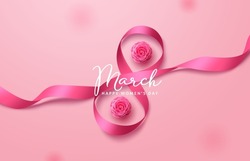 March 8 vector background design. Women's day greeting text with march 8 in pink ribbon and camellia flower elements for international women's celebration. Vector illustration.
