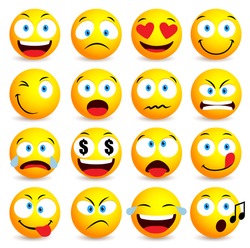 Smiley face and emoticon simple set with facial expressions isolated in white background. Vector illustration
