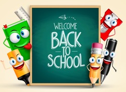 School vector characters of funny pencil, pen, sharpener and other school items holding blackboard with back to school writing. Vector illustration
