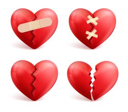 Broken hearts vector set of 3d realistic icons and symbols in red color with wound, patches, stitches and bandages isolated in white background. Vector illustration.
