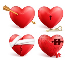 Red hearts vector 3d realistic set with arrows, key holes, puzzle and bandages for valentines day isolated in white background. Vector illustration.
