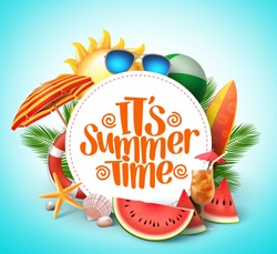 Summer time vector banner design with white circle for text and colorful beach elements in white background. Vector illustration.
