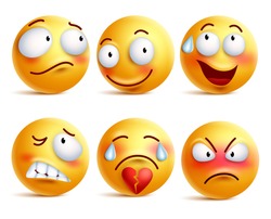 Smileys vector set. Smiley face or yellow emoticons with facial expressions and emotions like happy, shy, angry and broken heart isolated in white background. Vector illustration.