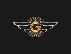 Retro Gold wings badge with letter G . vintage logo vector design element