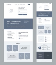 Landing page wireframe design for business. One page website layout template. Modern responsive design. Ux ui website: features, product, articles, statiscics, testimonials.