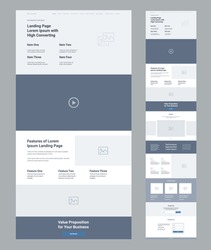 Landing page wireframe design for business. One page website layout template. Modern responsive design. Ux ui website: features, video, gallery, testimonials, call to action, subscribe, contact us.