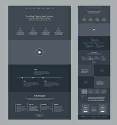 Landing page wireframe dark design for business. One page website layout template. Modern responsive design. UX UI website: features, video, timeline, advantages, articles, testimonials, pricing.
