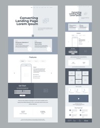 Landing page wireframe design for business. One page website layout template. Modern responsive design. Ux ui website: features, form, statistics, gallery, how it works, testimonials.
